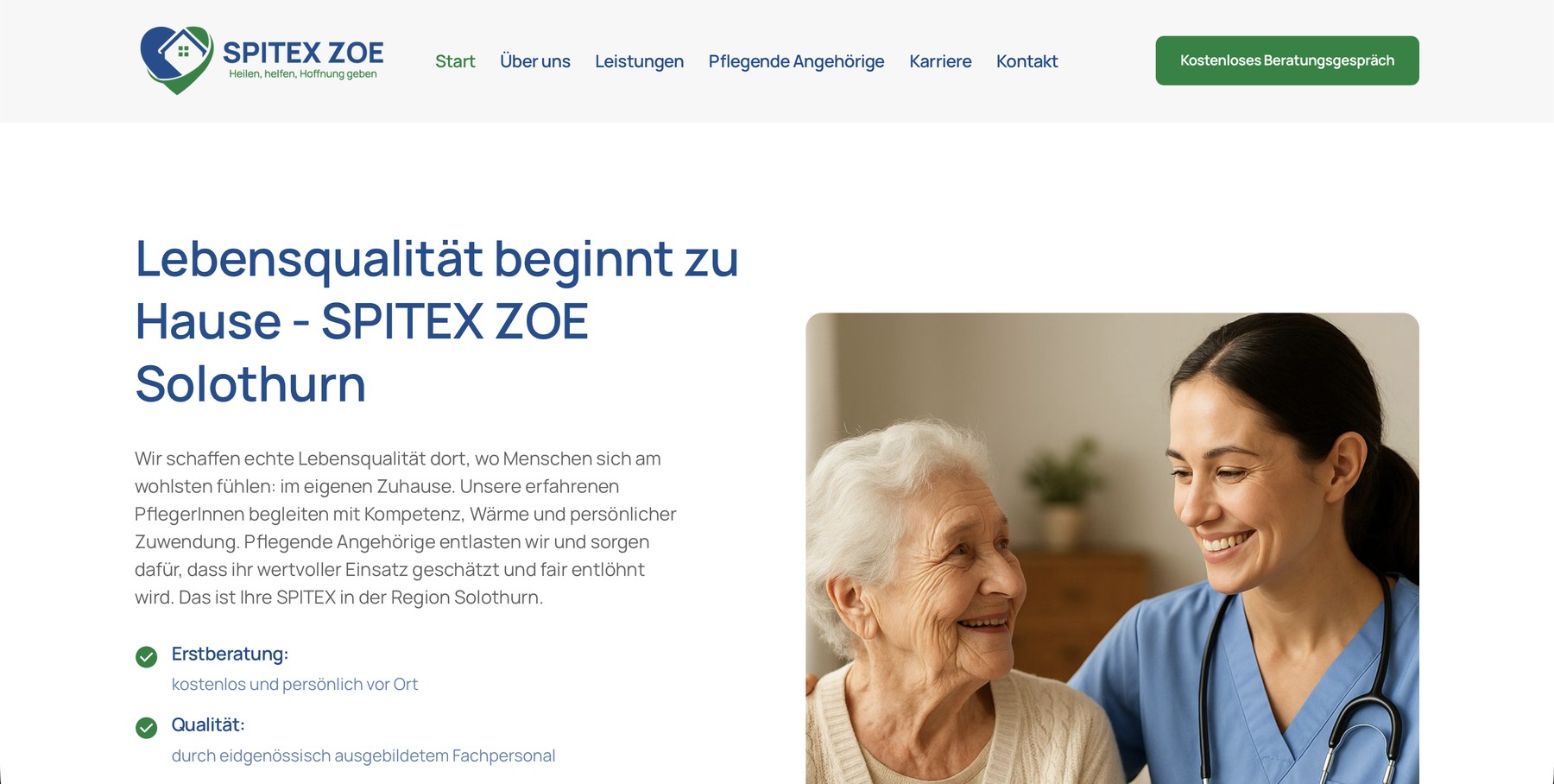 Startseite von spitexzoe.ch am Computer