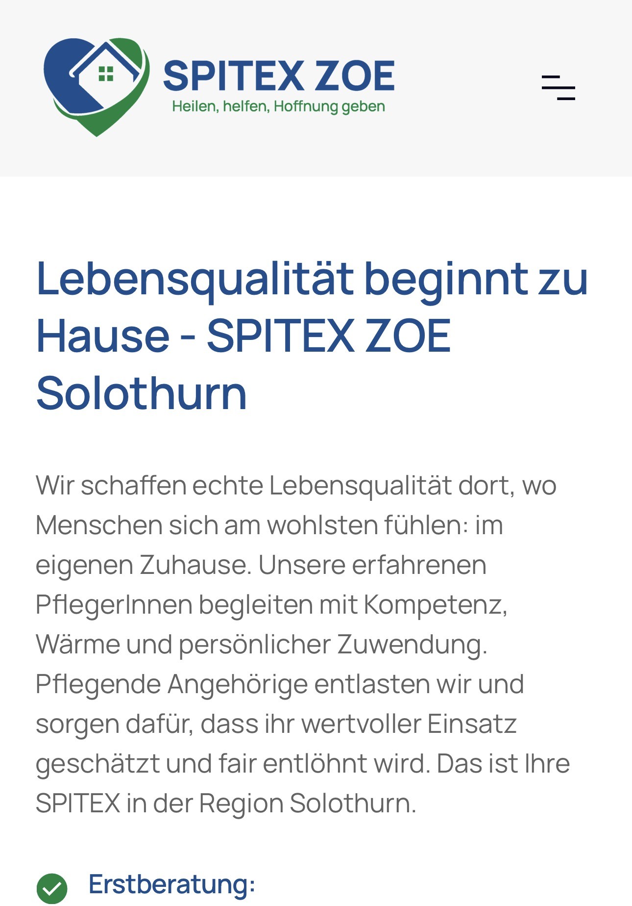 Startseite von spitexzoe.ch auf dem Handy